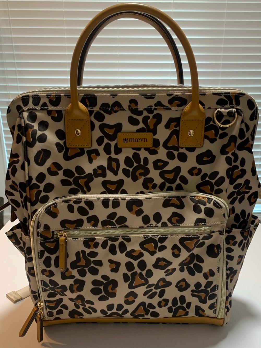 Maevn Leopard-Print Backpack Tote in Cream and Brown